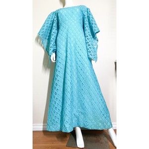 Vintage 60 Lace Evening Maxi Dress Teal size Medium Unbranded Handmade Homemade